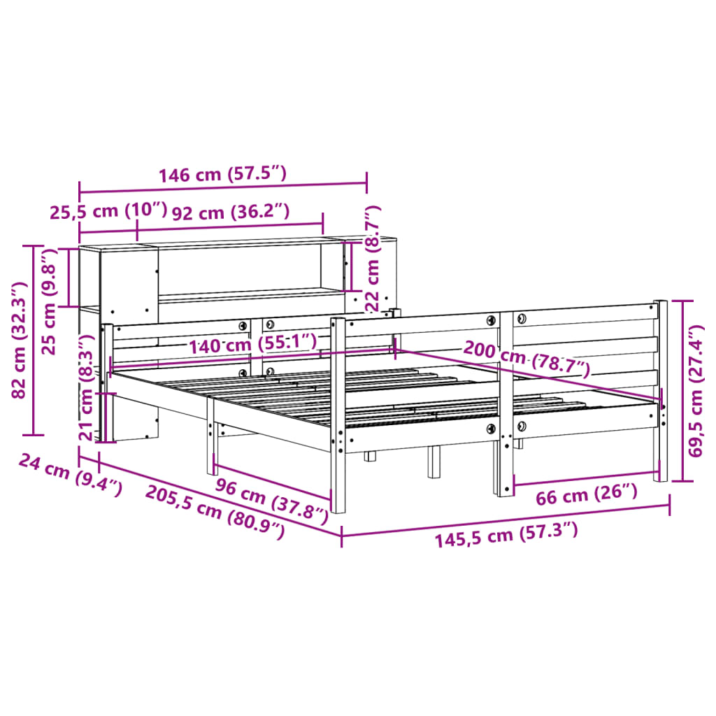 Lit bibliothèque sans matelas blanc 140x200 cm bois pin massif - XIOS