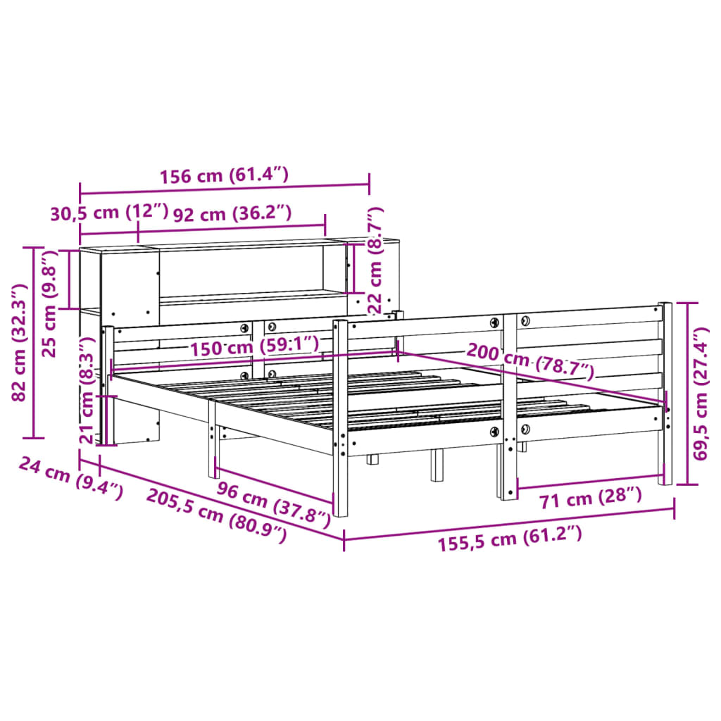 Lit bibliothèque sans matelas blanc 150x200 cm bois pin massif - XIOS