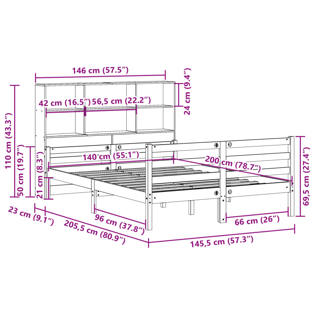 Lit bibliothèque sans matelas blanc 140x200 cm bois pin massif - XIOS
