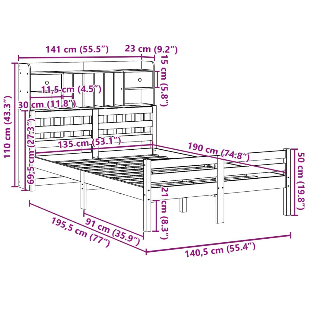 Lit bibliothèque sans matelas 135x190 cm bois de pin massif - XIOS