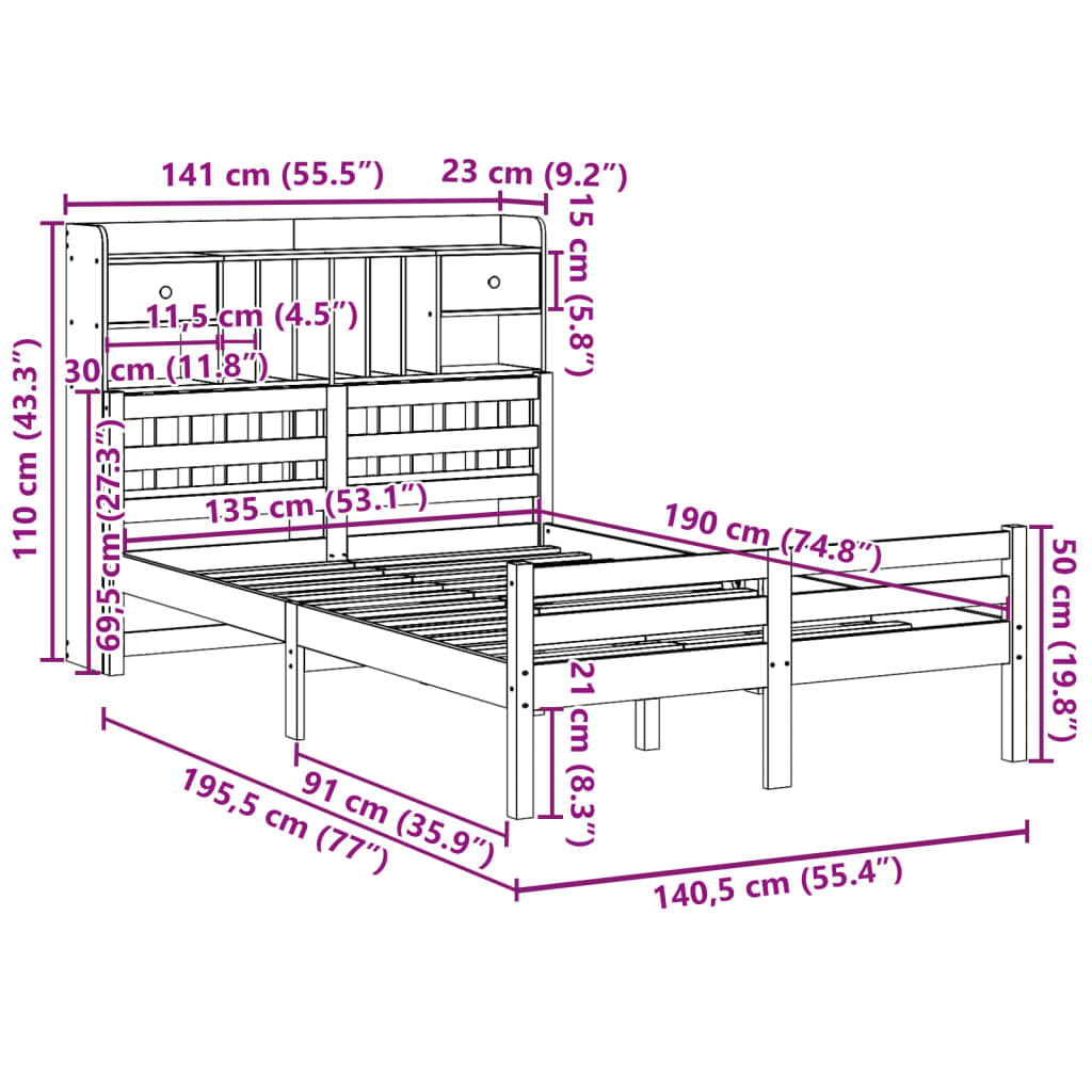 Lit bibliothèque sans matelas blanc 135x190 cm bois pin massif - XIOS