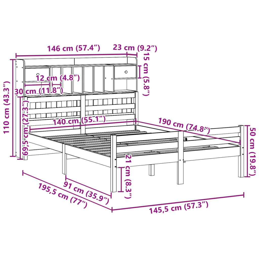 Lit bibliothèque sans matelas 140x190 cm bois de pin massif - XIOS