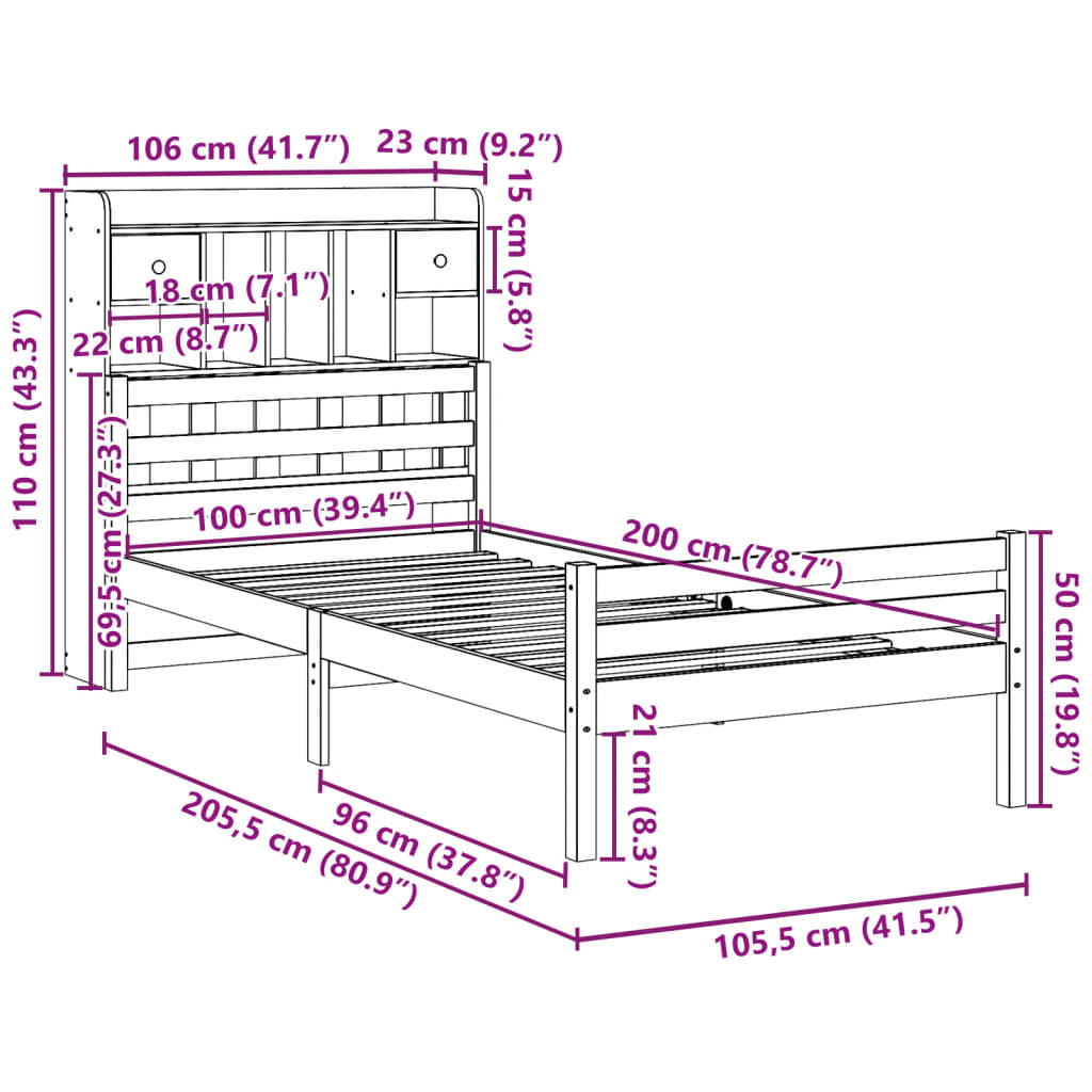 Lit bibliothèque sans matelas 100x200 cm bois massif de pin - XIOS