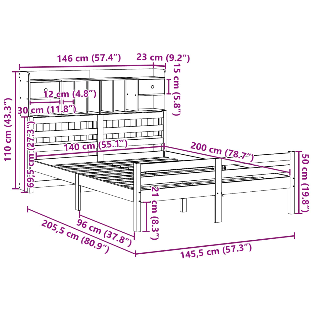 Lit bibliothèque sans matelas 140x200 cm bois massif de pin - XIOS