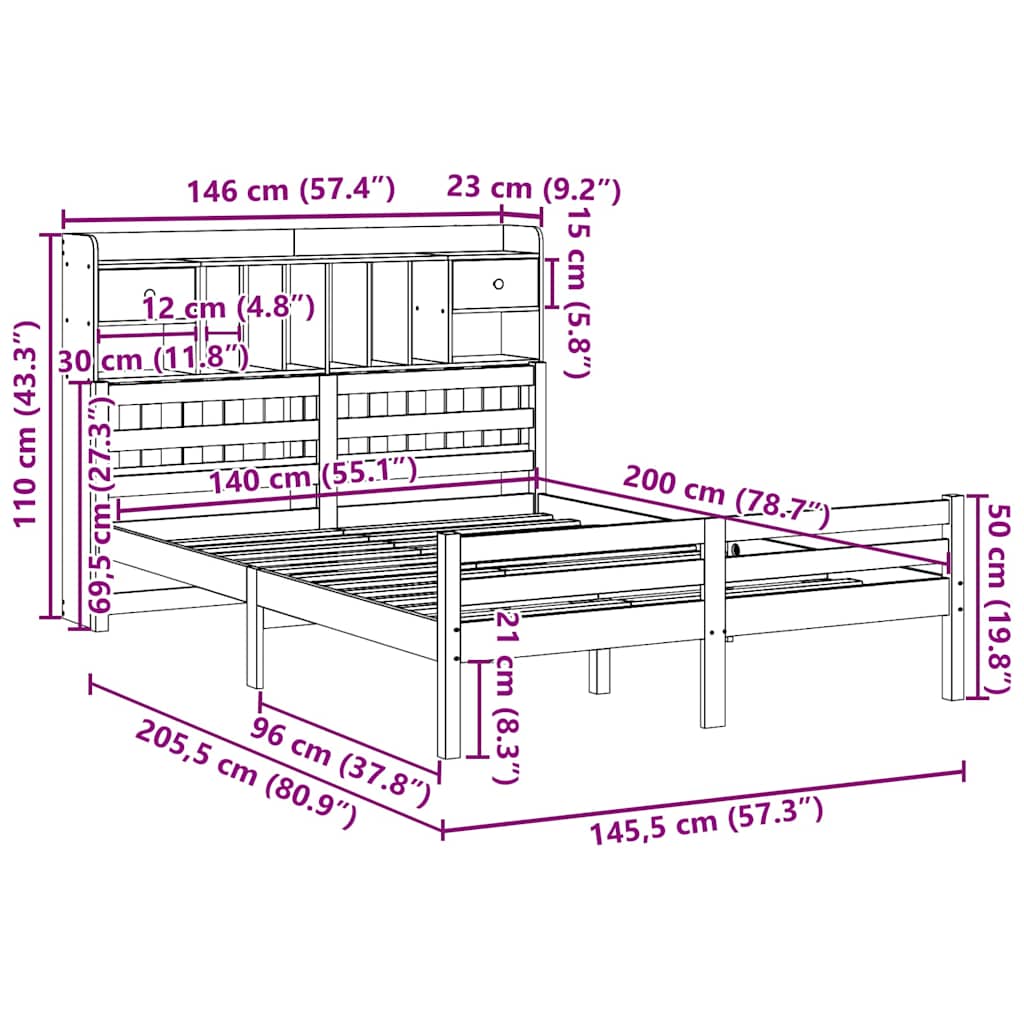 Lit bibliothèque sans matelas blanc 140x200 cm bois pin massif - XIOS