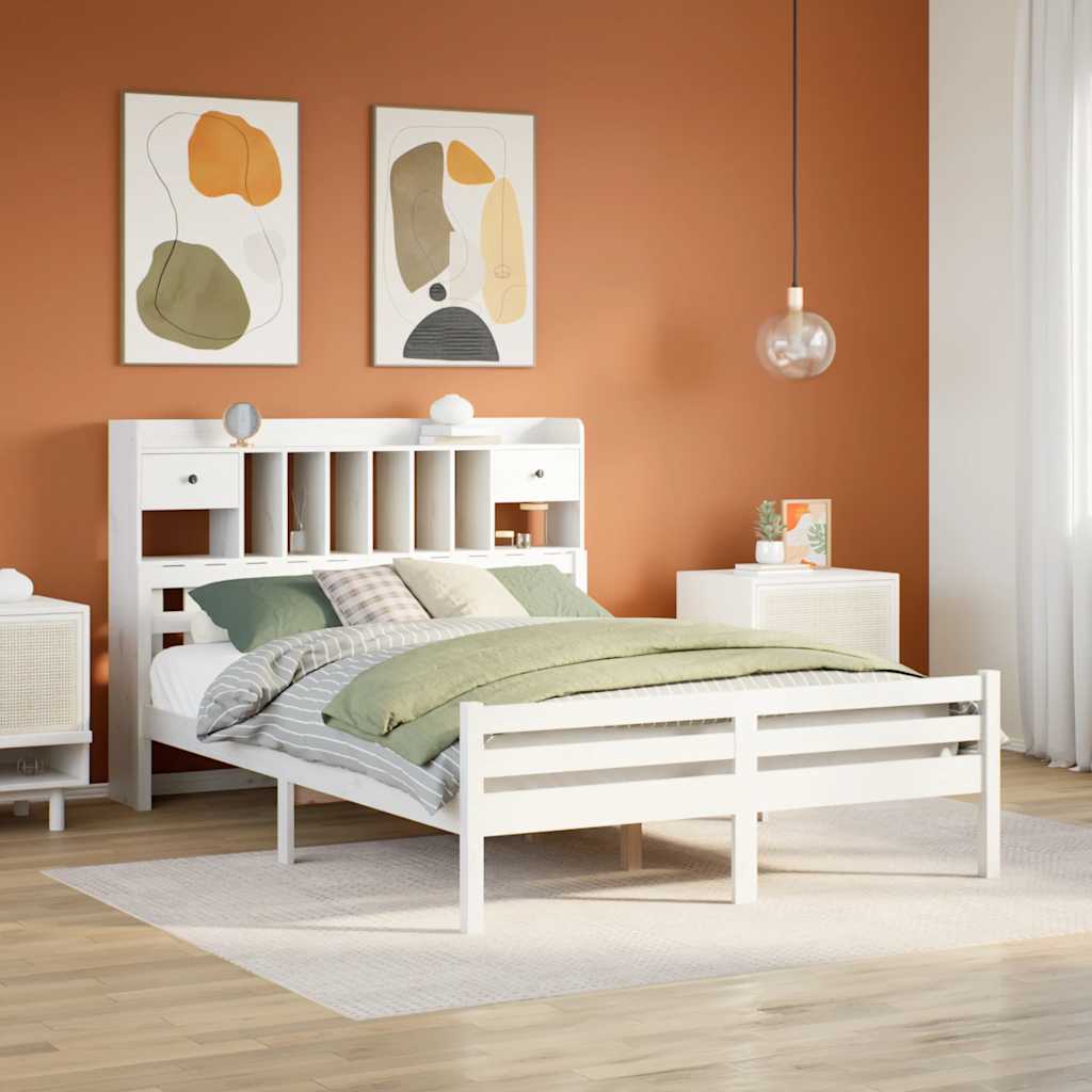 Lit bibliothèque sans matelas blanc 140x200 cm bois pin massif - XIOS