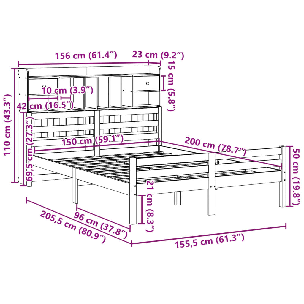 Lit bibliothèque sans matelas blanc 150x200 cm bois pin massif - XIOS