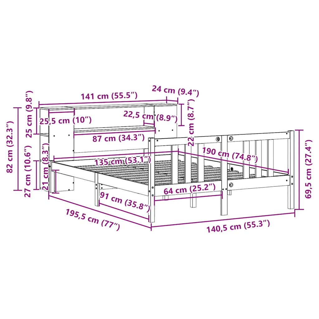 Lit bibliothèque sans matelas 135x190 cm bois de pin massif - XIOS