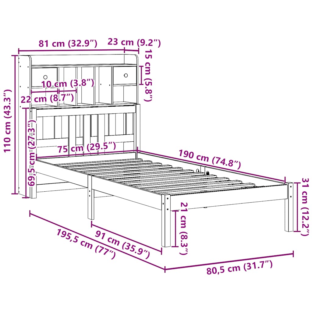 Lit bibliothèque sans matelas 75x190 cm bois de pin massif - XIOS
