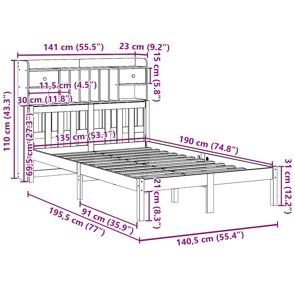 Lit bibliothèque sans matelas 135x190 cm bois de pin massif - XIOS