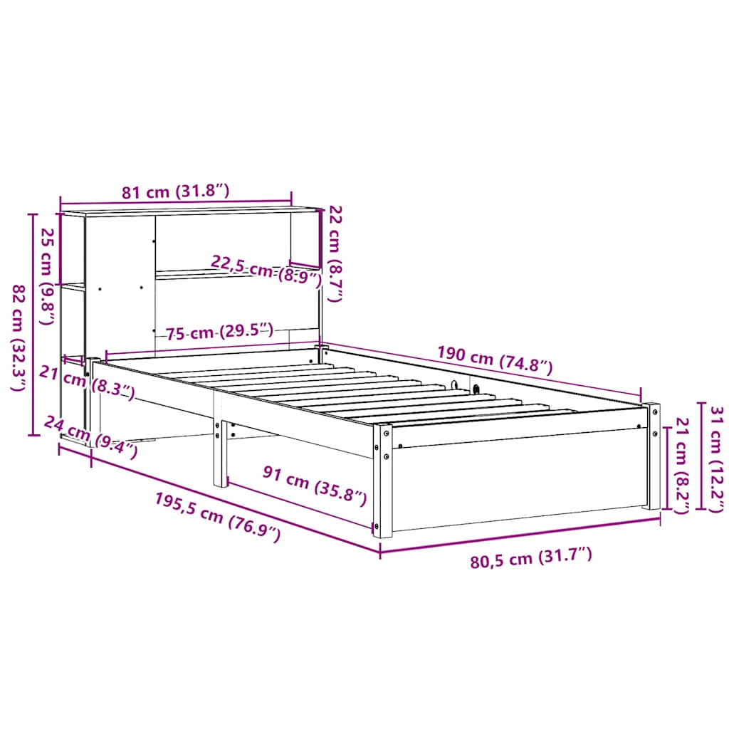Lit bibliothèque sans matelas blanc 75x190cm bois de pin massif - XIOS