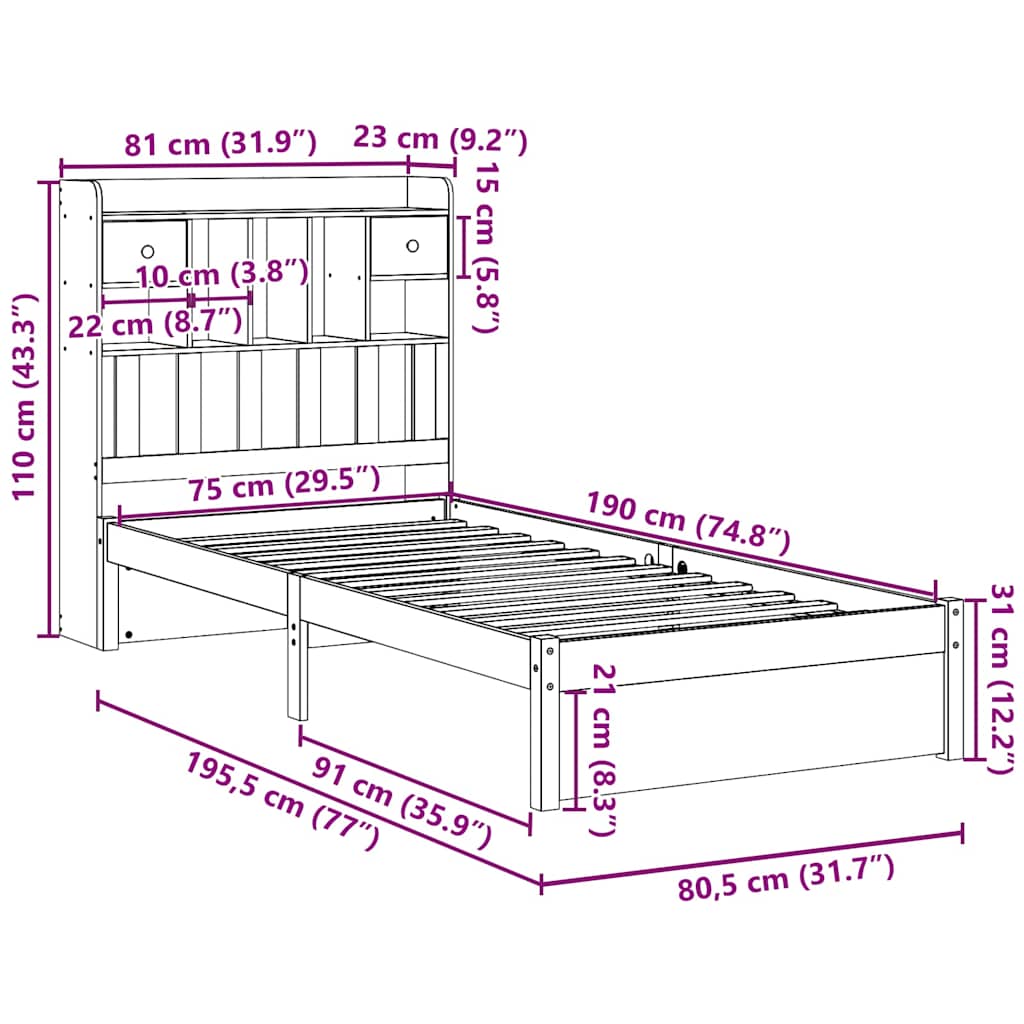Lit bibliothèque sans matelas blanc 75x190cm bois de pin massif - XIOS