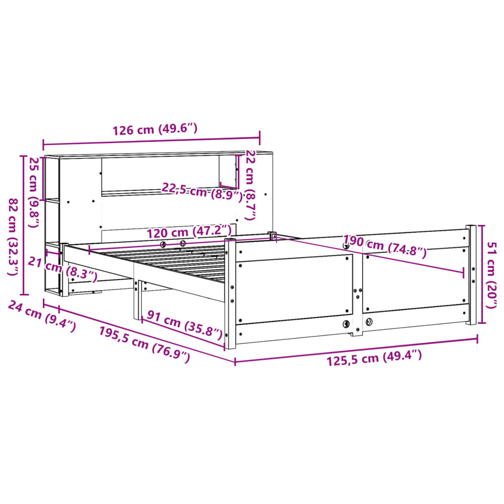 Lit bibliothèque sans matelas 120x190 cm bois de pin massif - XIOS