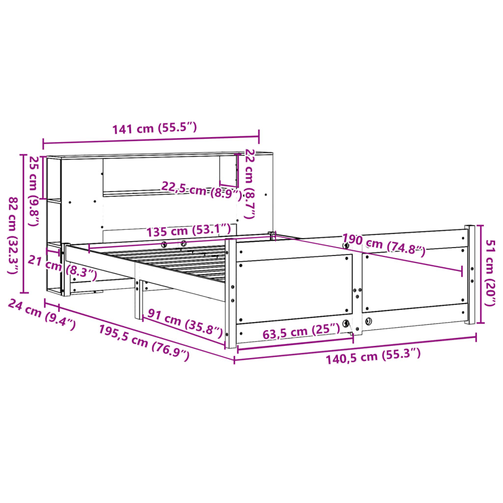 Lit bibliothèque sans matelas blanc 135x190 cm bois pin massif - XIOS