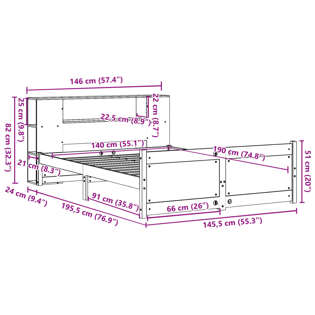 Lit bibliothèque sans matelas blanc 140x190 cm bois pin massif - XIOS