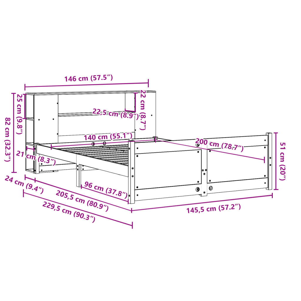 Lit bibliothèque sans matelas 140x200 cm bois massif de pin - XIOS