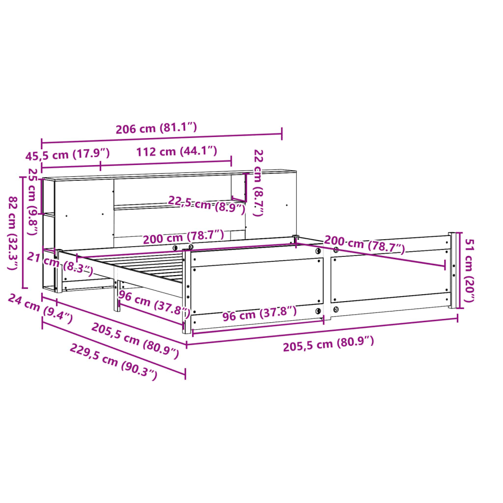 Lit bibliothèque sans matelas blanc 200x200 cm bois pin massif - XIOS