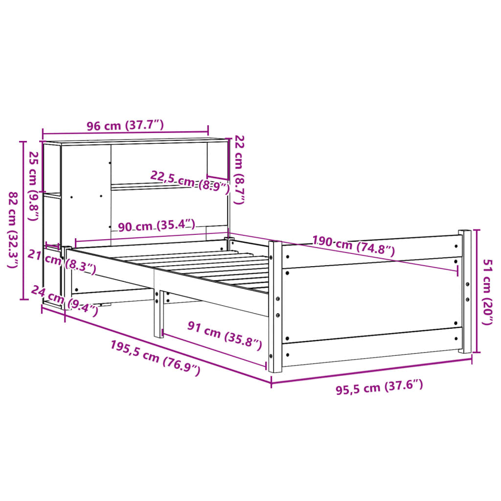 Lit bibliothèque sans matelas 90x190 cm bois de pin massif - XIOS