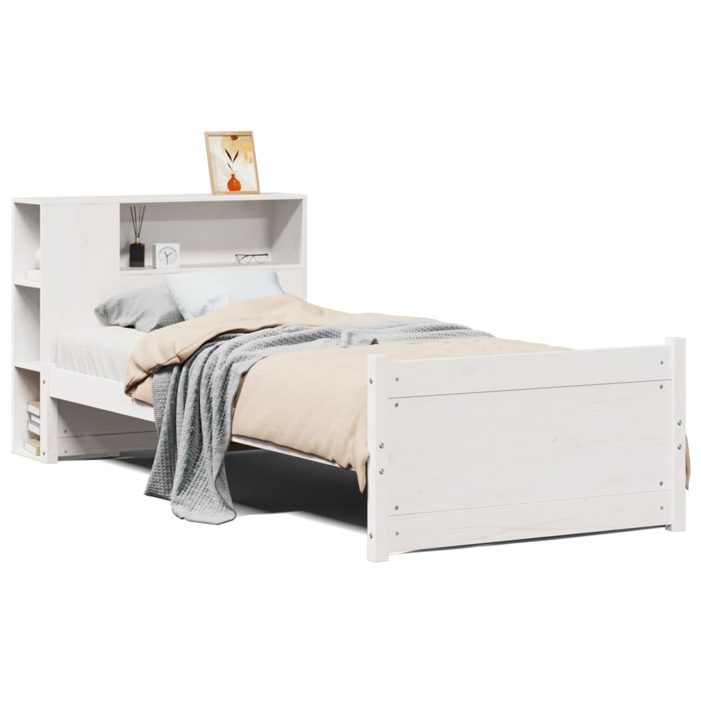 Lit bibliothèque sans matelas blanc 90x190cm bois de pin massif - XIOS
