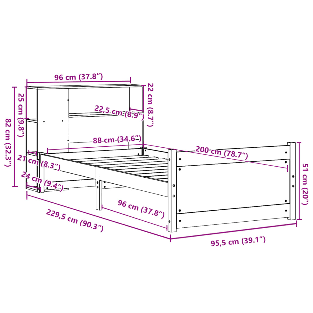 Lit bibliothèque sans matelas blanc 90x200cm bois de pin massif - XIOS