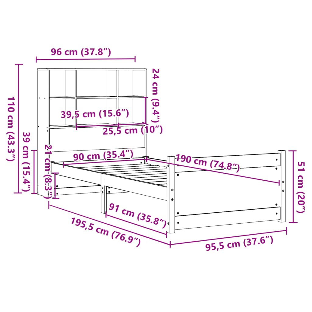 Lit bibliothèque sans matelas blanc 90x190cm bois de pin massif - XIOS