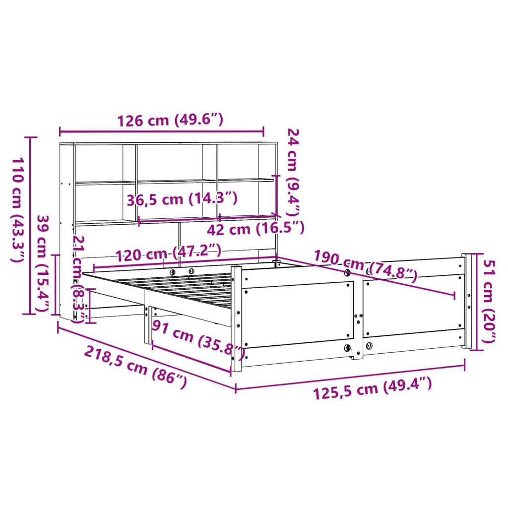 Lit bibliothèque sans matelas 120x190 cm bois de pin massif - XIOS