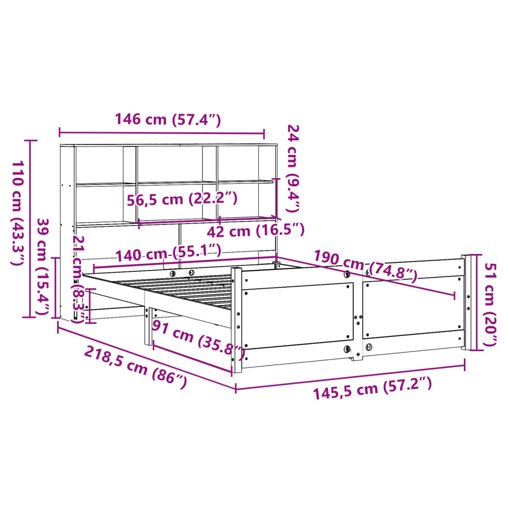 Lit bibliothèque sans matelas blanc 140x190 cm bois pin massif - XIOS