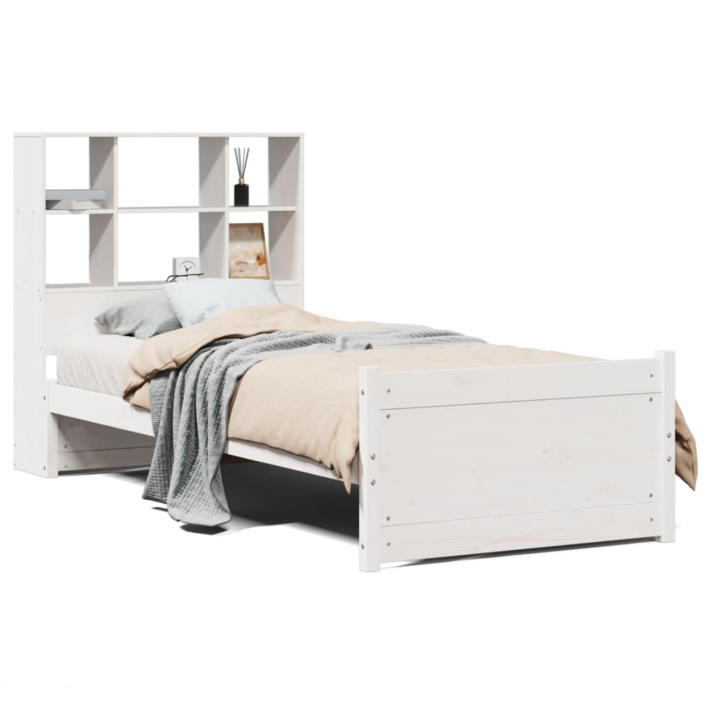 Lit bibliothèque sans matelas blanc 90x200cm bois de pin massif - XIOS