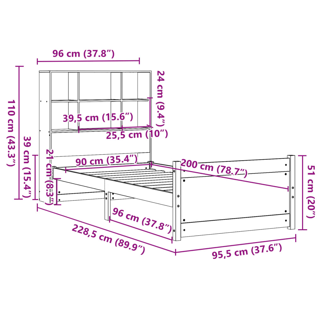 Lit bibliothèque sans matelas blanc 90x200cm bois de pin massif - XIOS