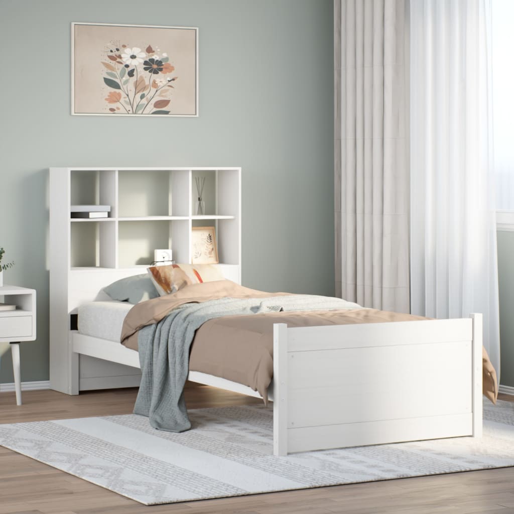 Lit bibliothèque sans matelas blanc 90x200cm bois de pin massif - XIOS