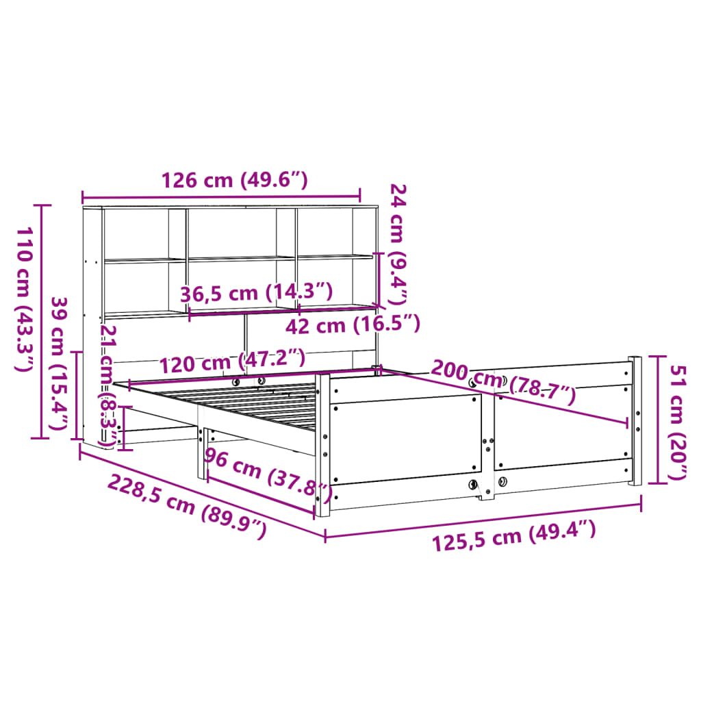 Lit bibliothèque sans matelas blanc 120x200 cm bois pin massif - XIOS