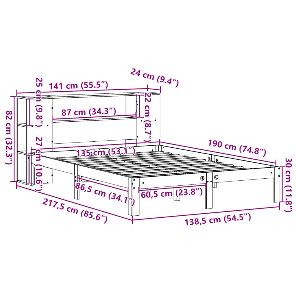 Lit bibliothèque sans matelas blanc 135x190 cm bois pin massif - XIOS
