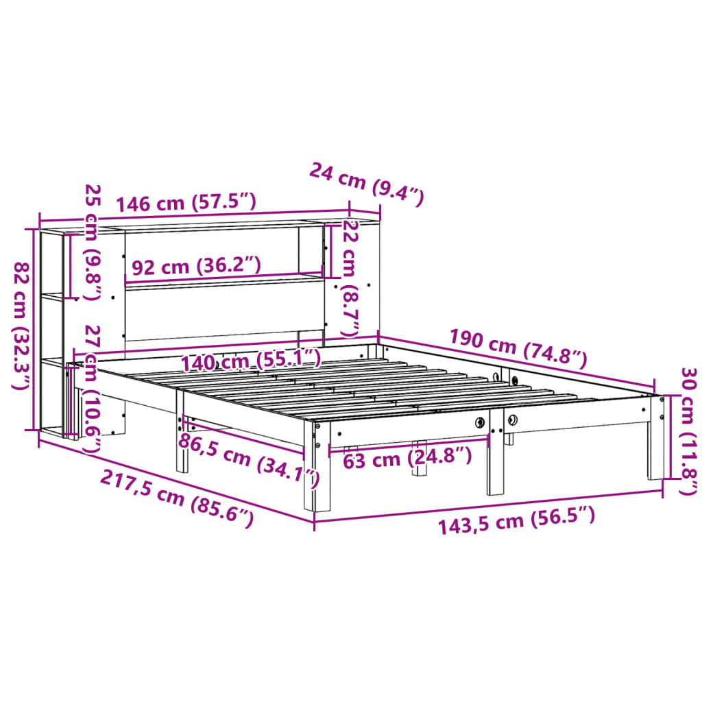 Lit bibliothèque sans matelas blanc 140x190 cm bois pin massif - XIOS
