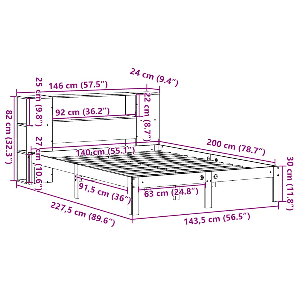 Lit bibliothèque sans matelas blanc 140x200 cm bois pin massif - XIOS