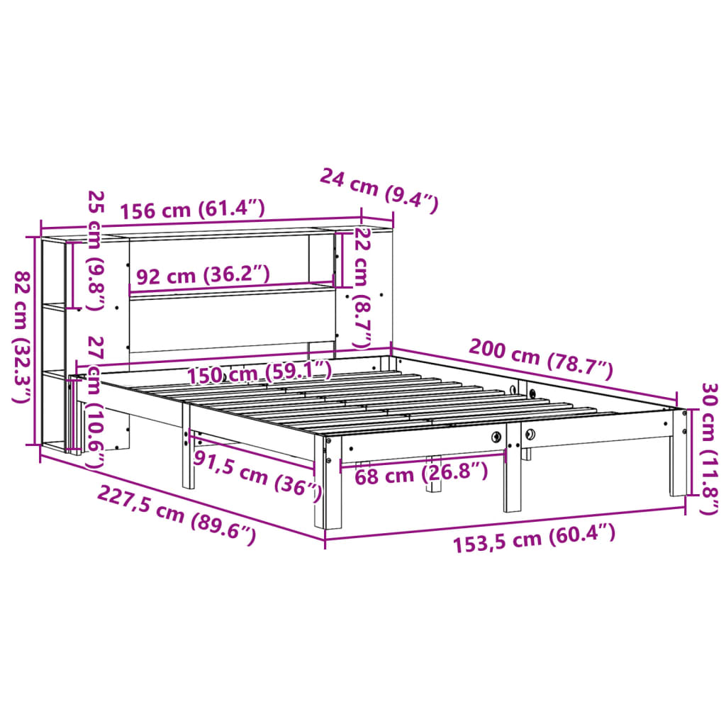 Lit bibliothèque sans matelas blanc 150x200 cm bois pin massif - XIOS