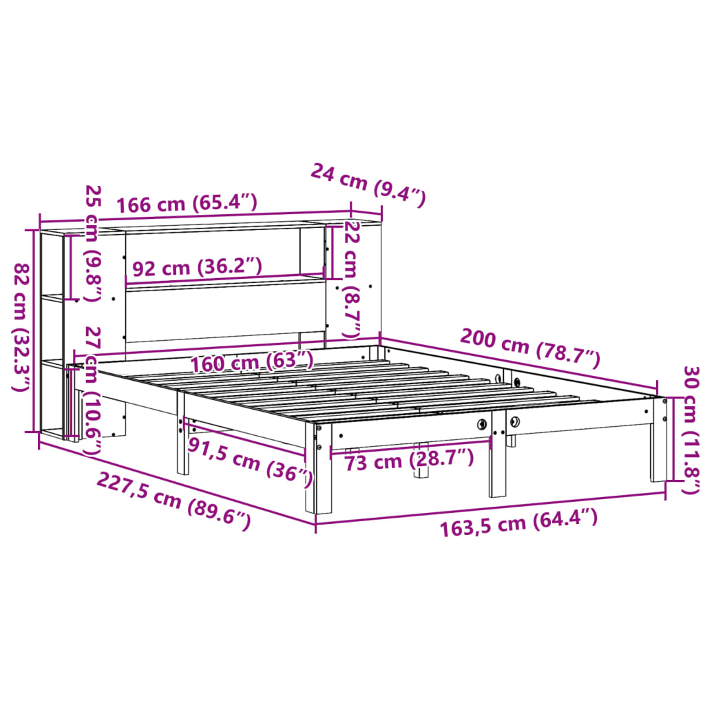 Lit bibliothèque sans matelas blanc 160x200 cm bois pin massif - XIOS
