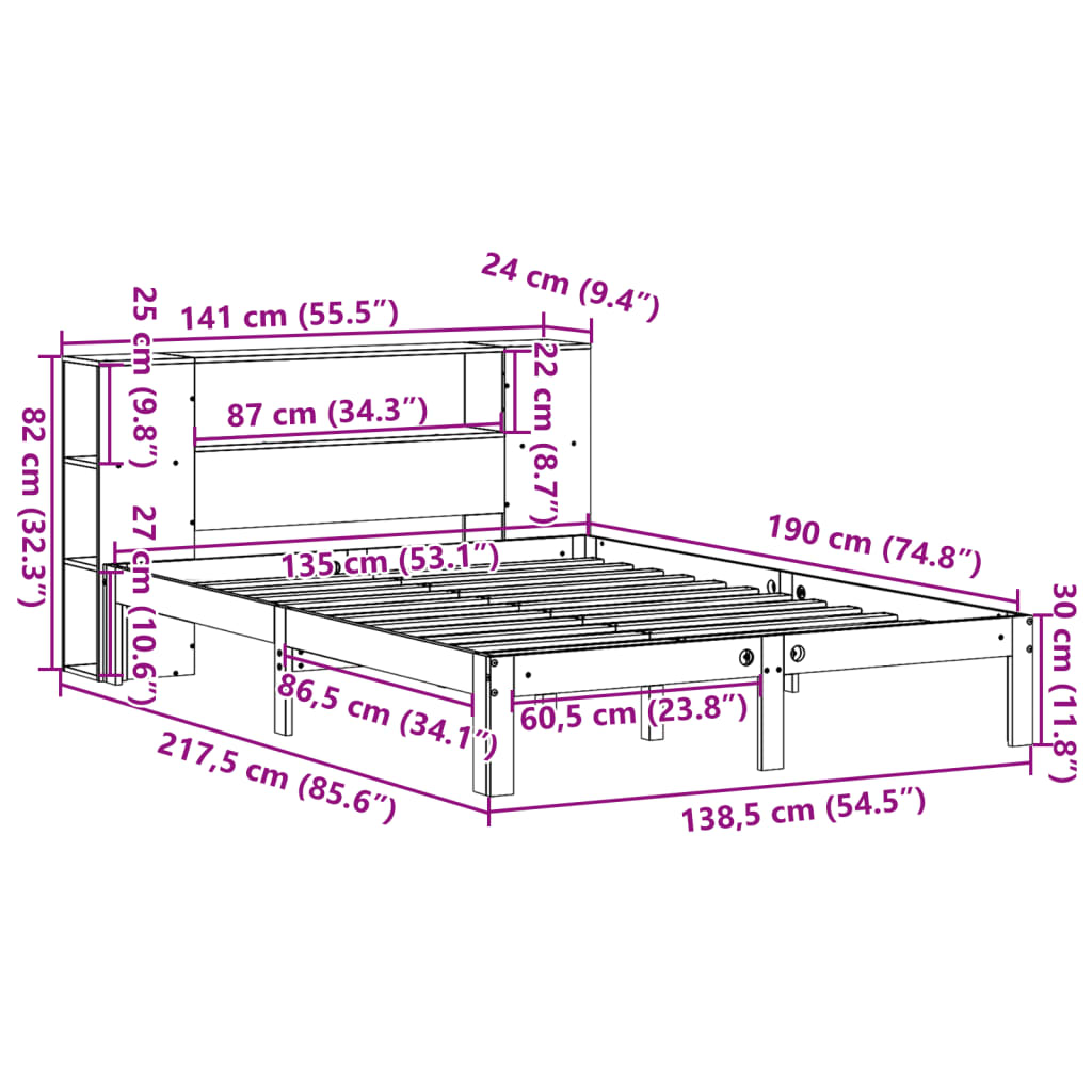 Lit bibliothèque sans matelas cire marron 135x190 cm pin massif - XIOS