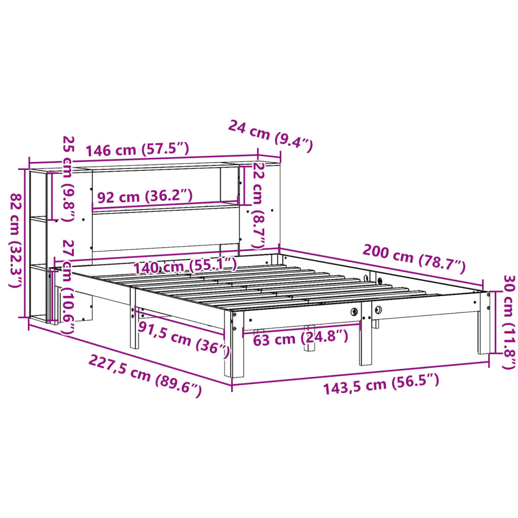 Lit bibliothèque sans matelas cire marron 140x200 cm pin massif - XIOS