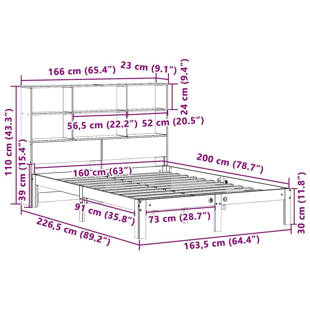 Lit bibliothèque sans matelas blanc 160x200 cm bois pin massif - XIOS