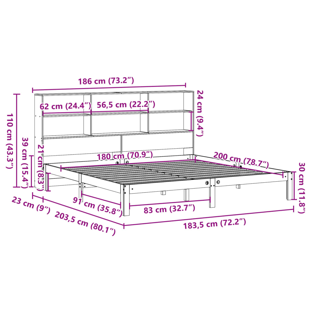 Lit bibliothèque sans matelas blanc 180x200 cm bois pin massif - XIOS