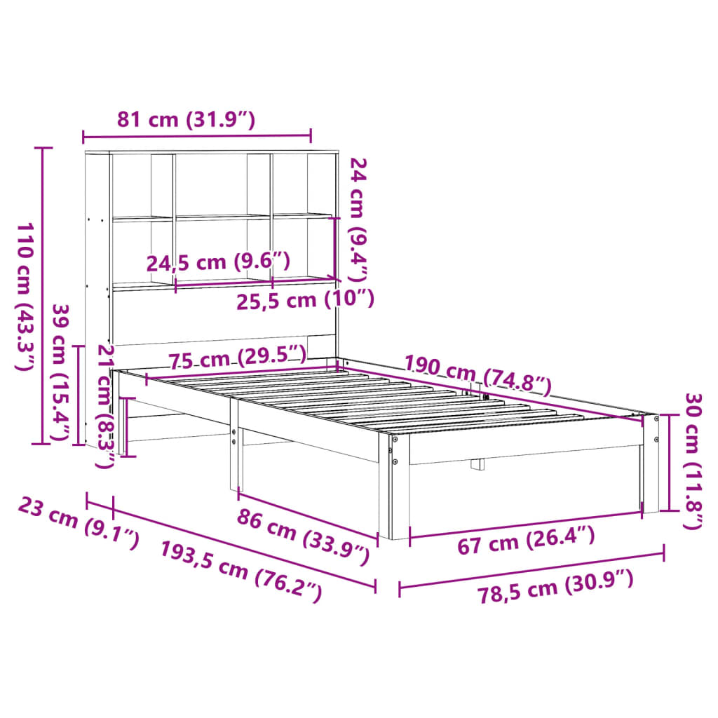 Lit bibliothèque sans matelas cire marron 75x190 cm pin massif - XIOS