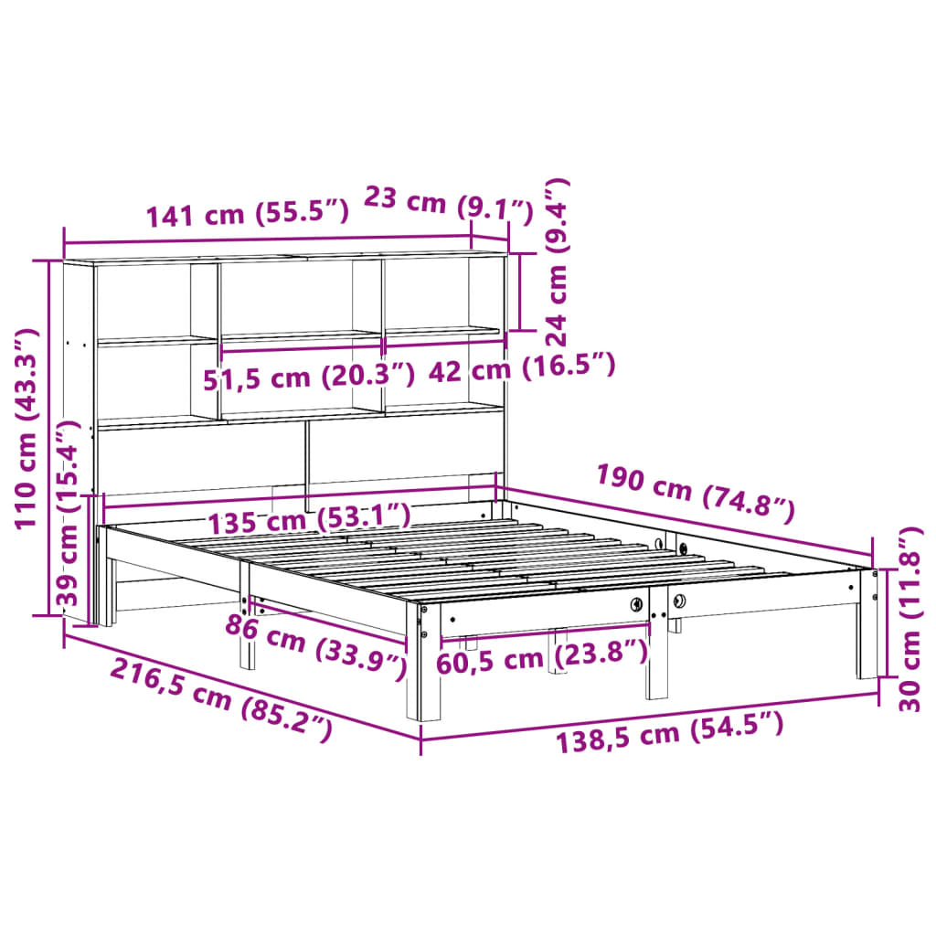 Lit bibliothèque sans matelas cire marron 135x190 cm pin massif - XIOS