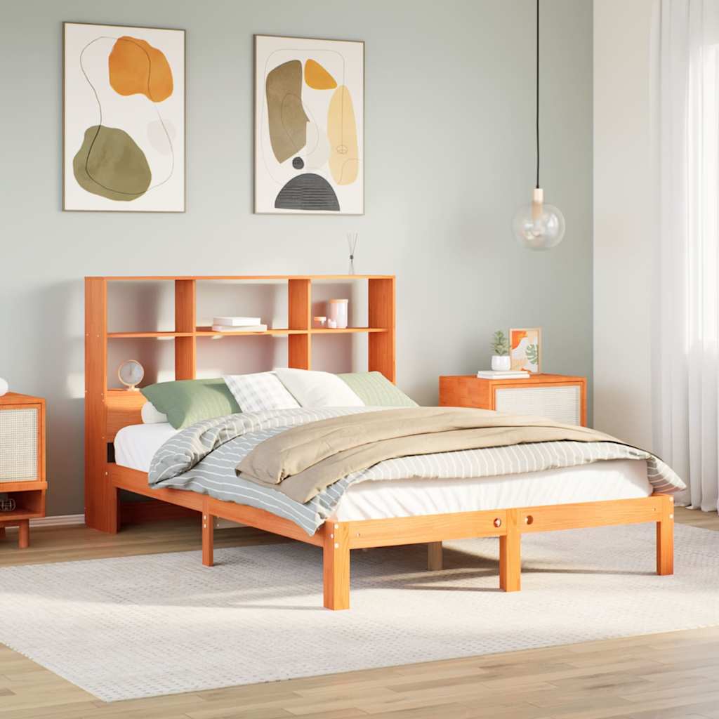 Lit bibliothèque sans matelas cire marron 135x190 cm pin massif - XIOS