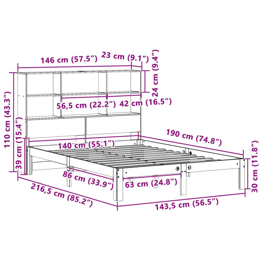 Lit bibliothèque sans matelas cire marron 140x190 cm pin massif - XIOS