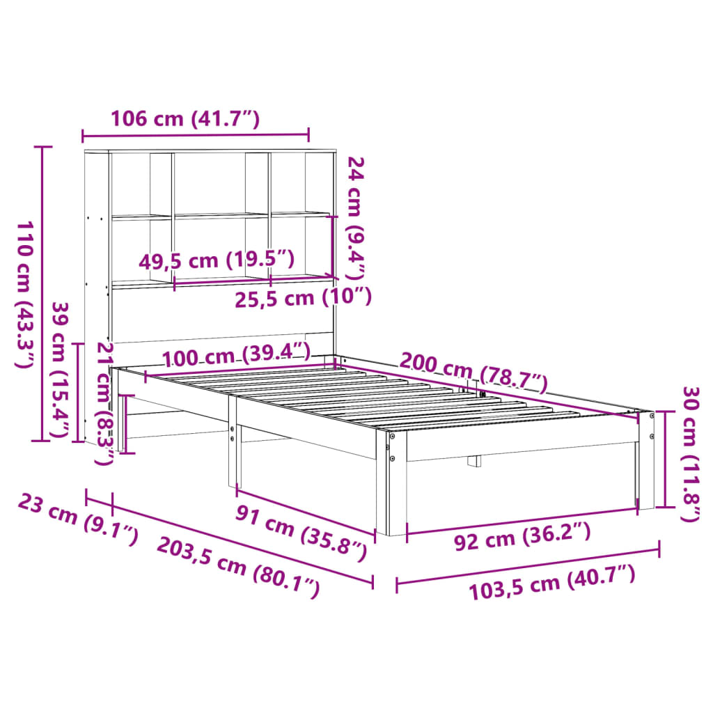 Lit bibliothèque sans matelas cire marron 100x200 cm pin massif - XIOS