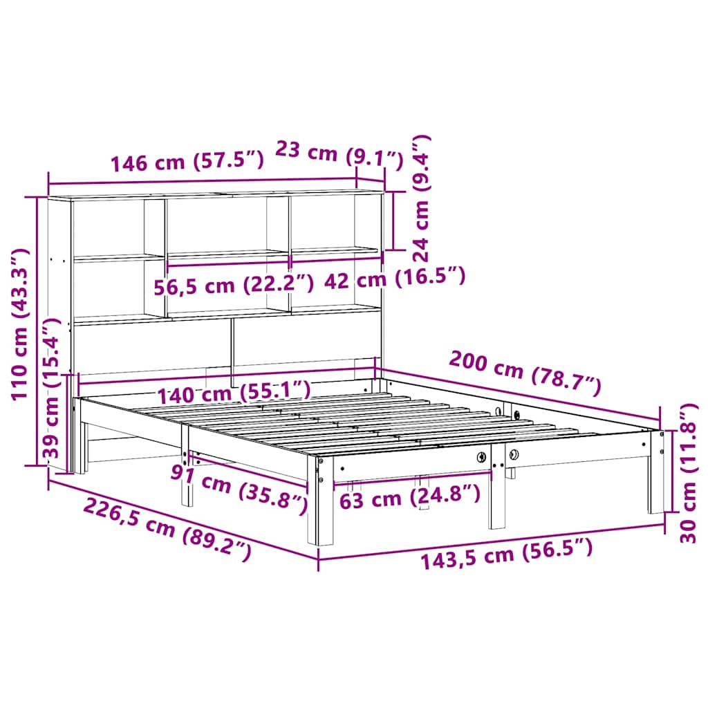 Lit bibliothèque sans matelas cire marron 140x200 cm pin massif - XIOS