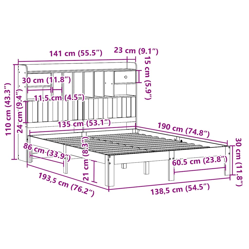 Lit bibliothèque sans matelas blanc 135x190 cm bois pin massif - XIOS