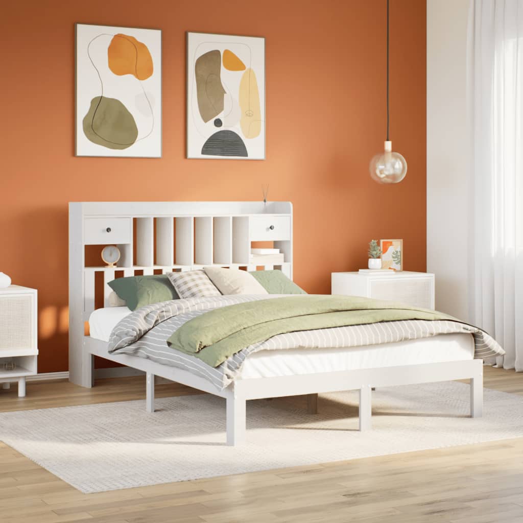 Lit bibliothèque sans matelas blanc 140x200 cm bois pin massif - XIOS