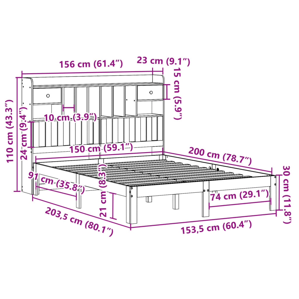 Lit bibliothèque sans matelas blanc 150x200 cm bois pin massif - XIOS