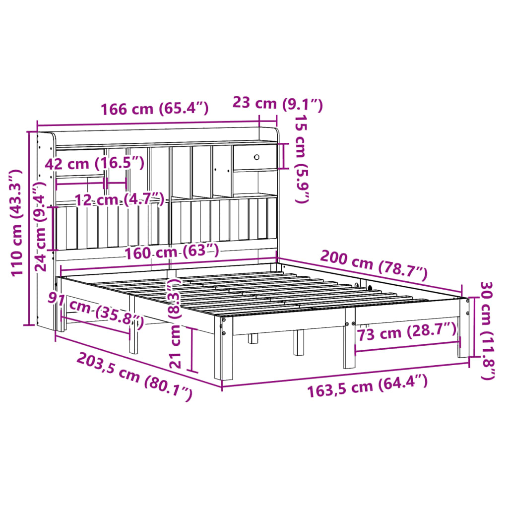 Lit bibliothèque sans matelas blanc 160x200 cm bois pin massif - XIOS